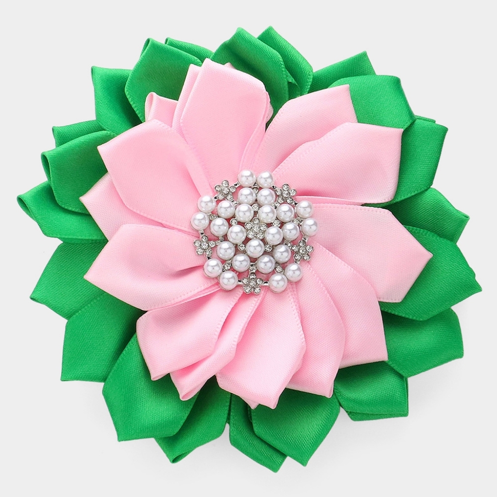 Pink Green Pearl Flower Brooch 5" Ribbon Pendant Pin Hairpin Statement Accessory